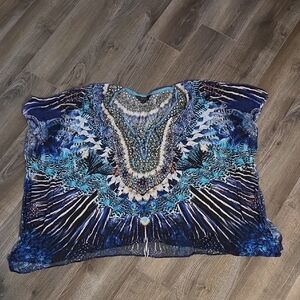 Vibrant Blue Patterned Women's Embellished Kaftan One Size